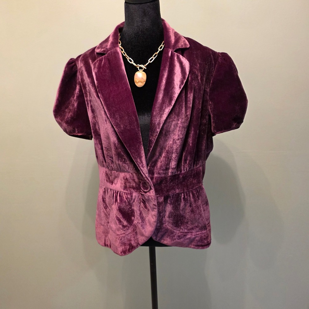 Work to Weekend Purple Velvet Short Sleeve Blazer Jacket Sz 14 Plum Button
